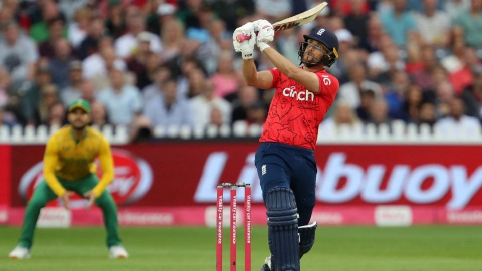 Dawid Malan launches a six over the leg side against South Africa in the summer