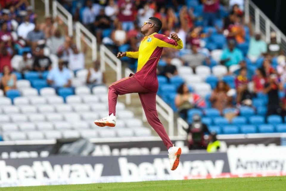 Akeal Hosein celebrates dismissing Suryakumar Yadav