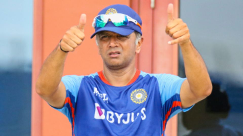 India coach Rahul Dravid gives a thumbs up at the end of training
