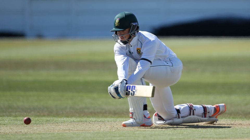 Rassie van der Dussen reverse-sweeps during his half-century