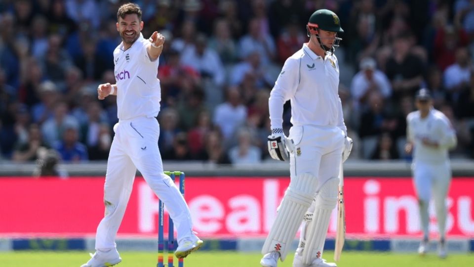 James Anderson gestures after trapping Simon Harmer lbw