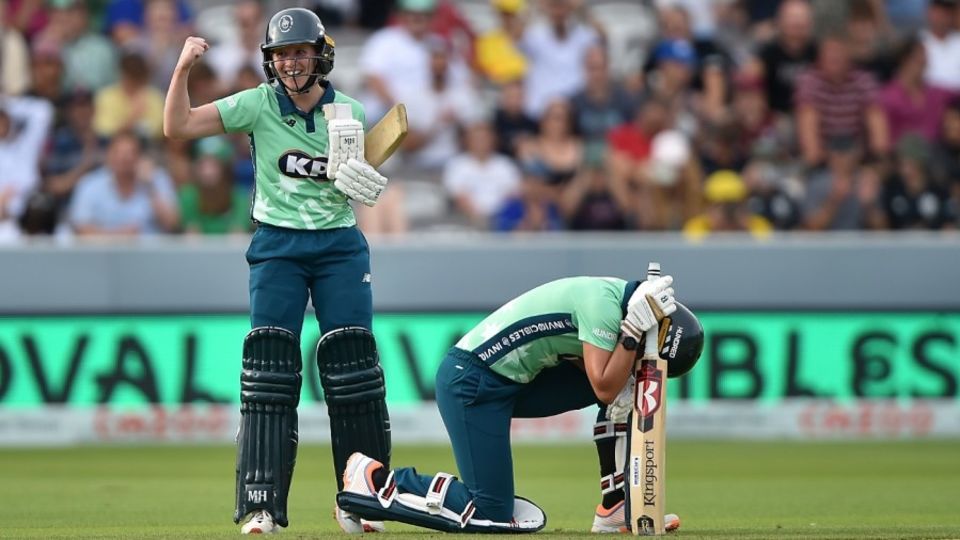 Marizanne Kapp drops to one knee as Emily Windsor celebrates Hundred glory