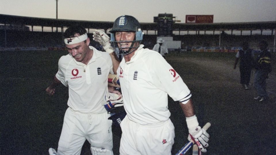 Graham Thorpe and Nasser Hussain celebrate England's win