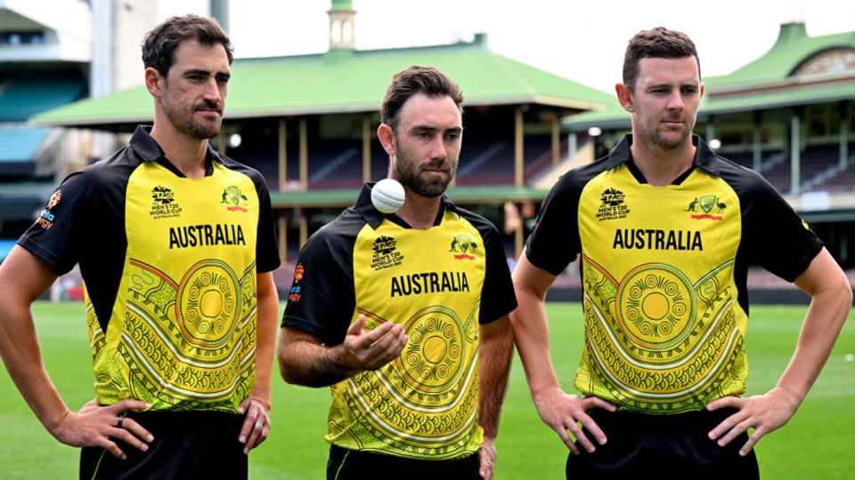 Mitchell Starc, Glenn Maxwell and Josh Hazlewood wearing Australia's Indigenous-themed T20 World Cup kit