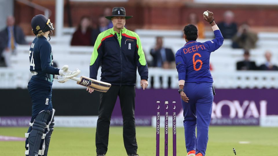 Deepti Sharma runs out Charlie Dean backing up at the non-striker's end