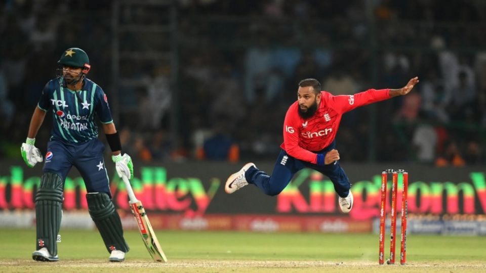 Adil Rashid bowls during the fourth T20I