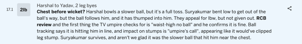 ESPNcricinfo's ball-by-ball commentary for the delivery to Suryakumar Yadav in the IPL earlier this year