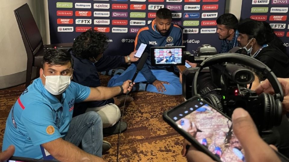 Hardik Pandya speaks to reporters at the ICC mixed media zone after helping India pull off a stunning chase