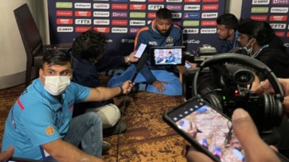 Hardik Pandya speaks at the ICC media zone after helping India pull off a stunning chase