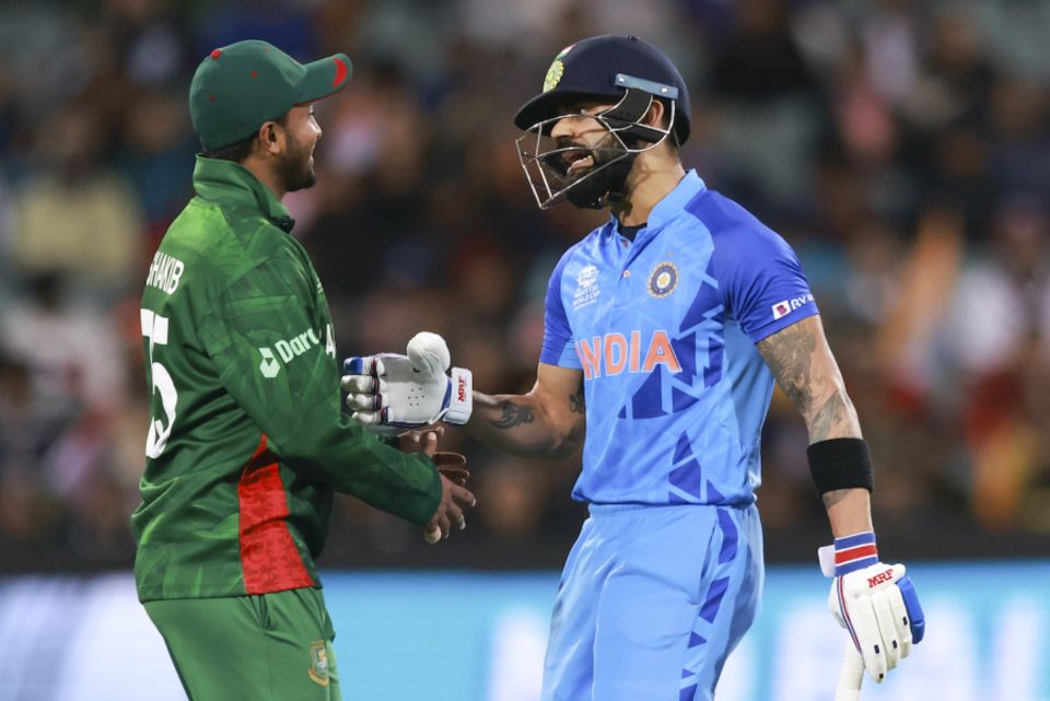 Shakib Al Hasan (left) has the most wickets in T20 World Cups while Virat Kohli (right) has the most runs