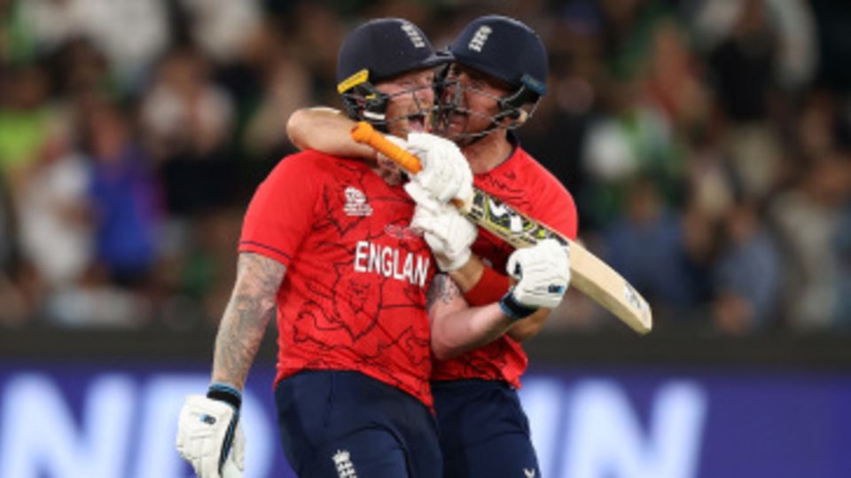 Ben Stokes and Liam Livingstone start the celebrations