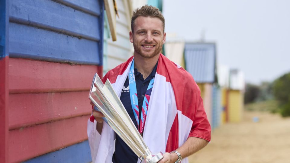 Jos Buttler at Brighton Beach the day after England won the T20 World Cup trophy
