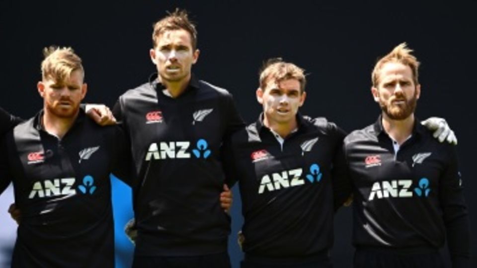 Glenn Phillips, Tim Southee, Tom Latham and Kane Williamson line up for the national anthem