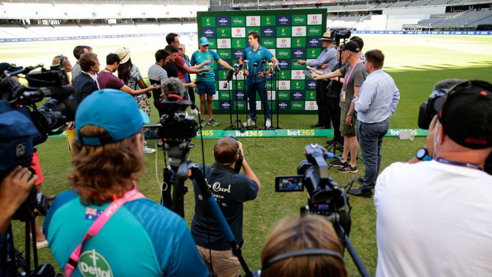 Pat Cummins speaks to the media ahead of the first Test