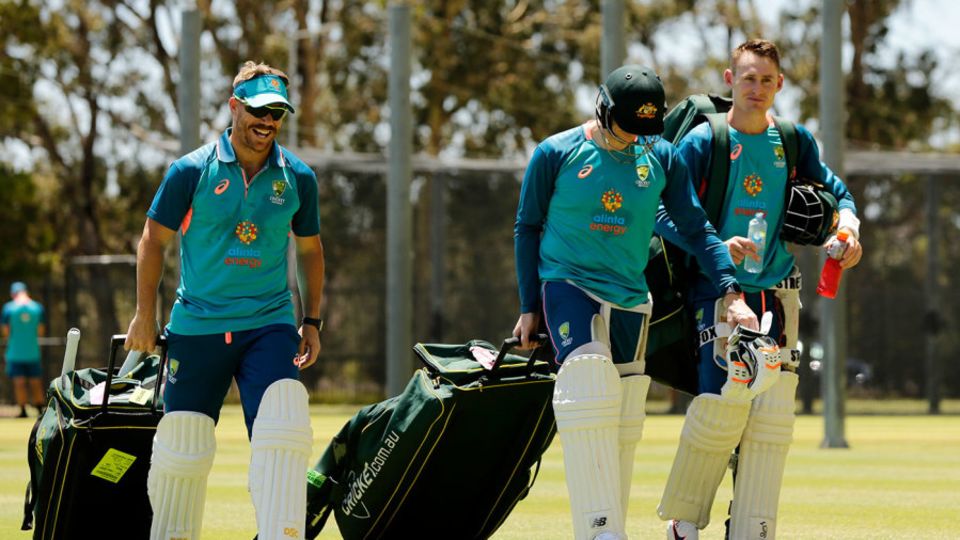 Top-order chat? David Warner, Steven Smith and Marnus Labuschagne at training