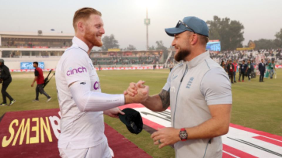 Ben Stokes and Brendon McCullum celebrate England's win