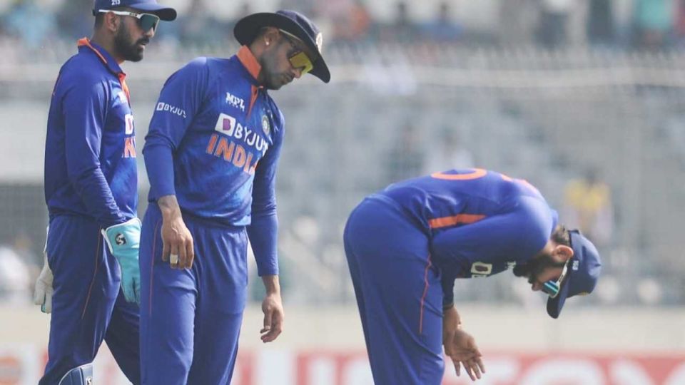 Rohit Sharma dropped a catch in the slips in the second over, hurt his hand, and had to go off the field