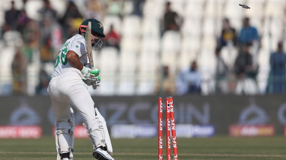 Babar Azam had his off stump pegged back by Ollie Robinson