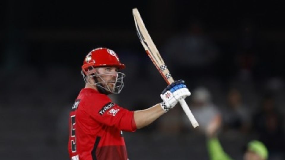 Aaron Finch raises his bat after reaching fifty