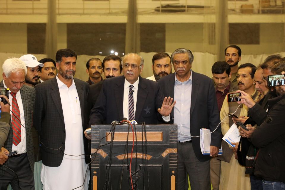 Najam Sethi speaks to media personnel outside the PCB headquarters