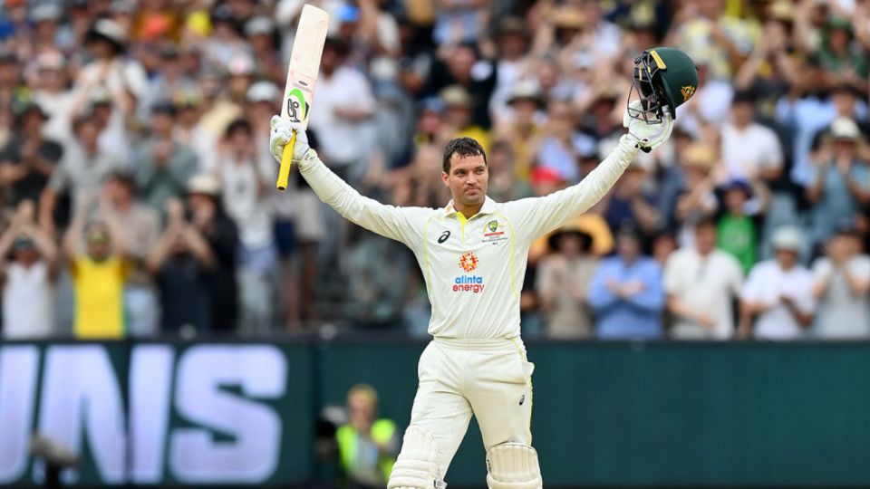 Alex Carey celebrates after scoring his first Test century