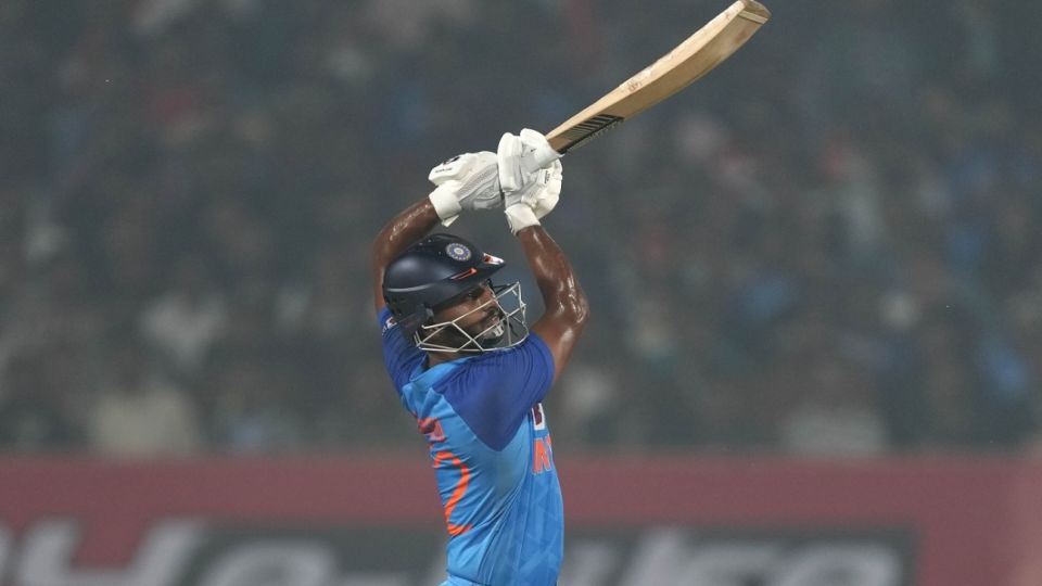 Picture perfect: Rahul Tripathi lofts one over the sightscreen