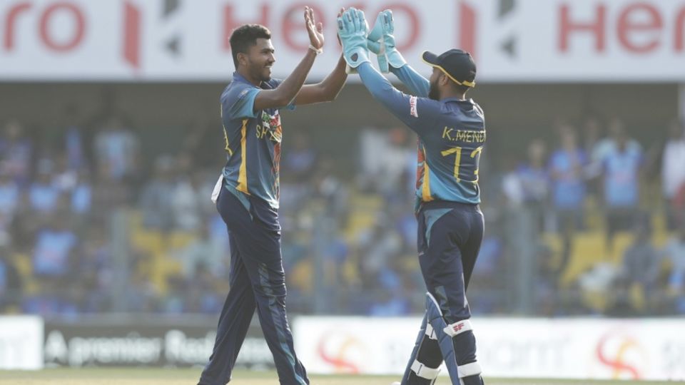 Dilshan Madushanka celebrates a wicket with Kusal Mendis
