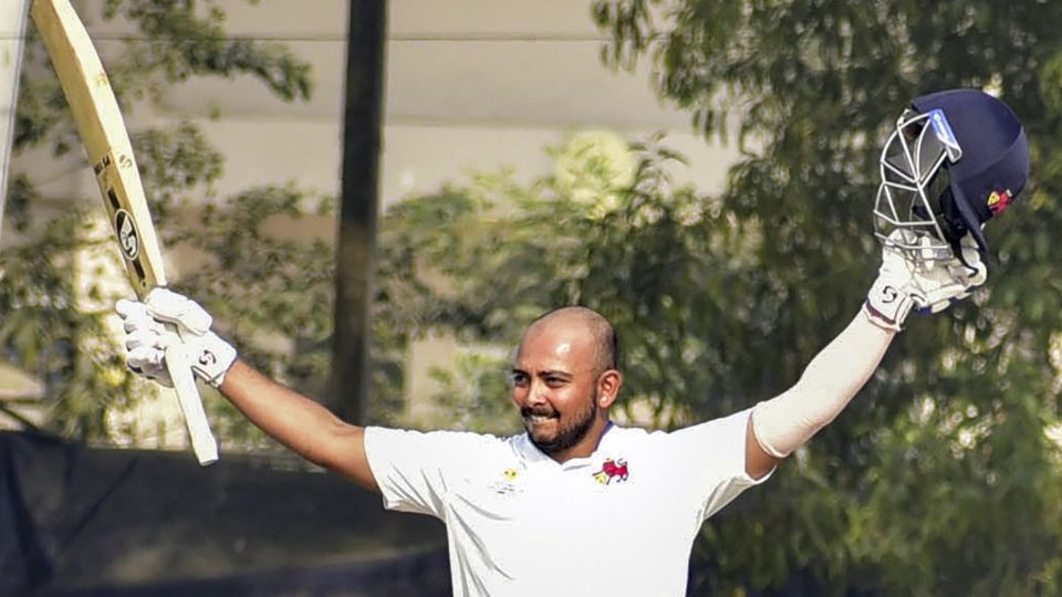 Prithvi Shaw celebrates after reaching his triple century