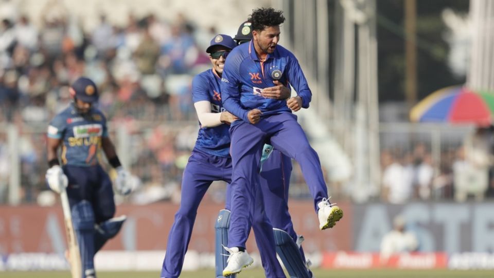 Kuldeep Yadav celebrates after bowling Dasun Shanaka out
