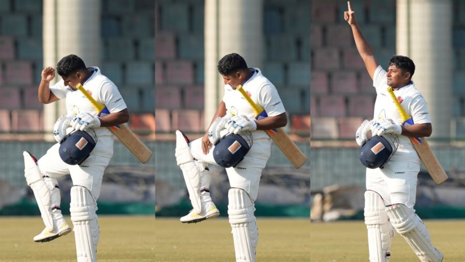 Sarfaraz Khan celebrates his latest Ranji Trophy century, the third this season