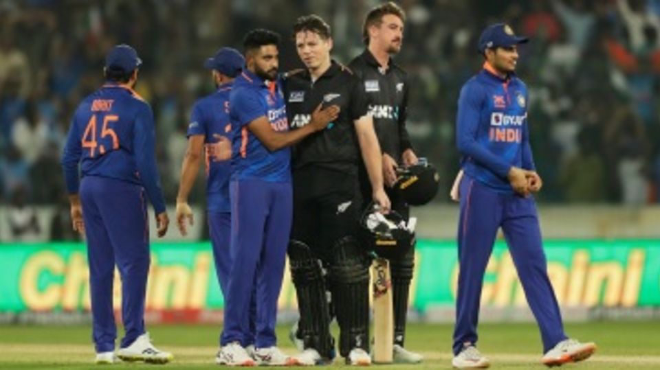 Mohammed Siraj congratulates Michael Bracewell for his brilliant knock