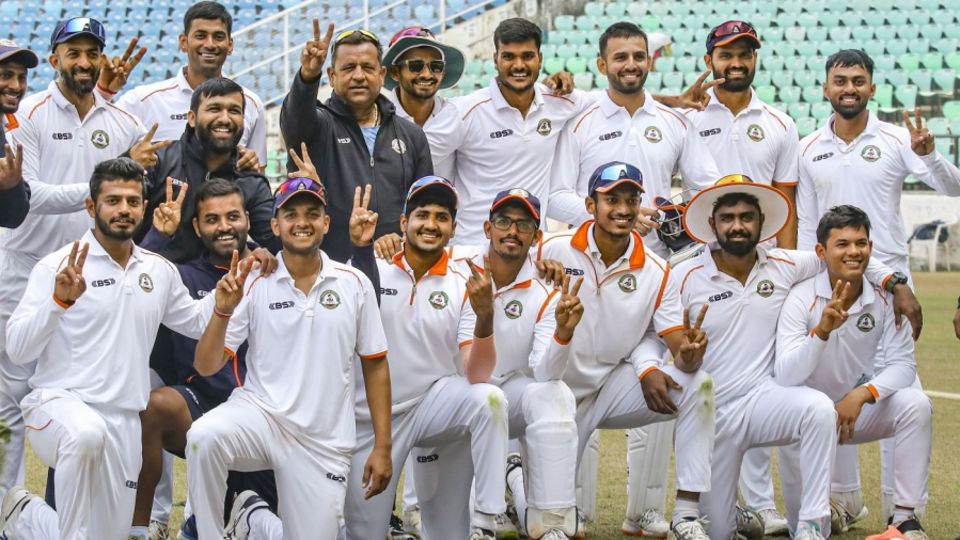 The Vidarbha players pose after the game