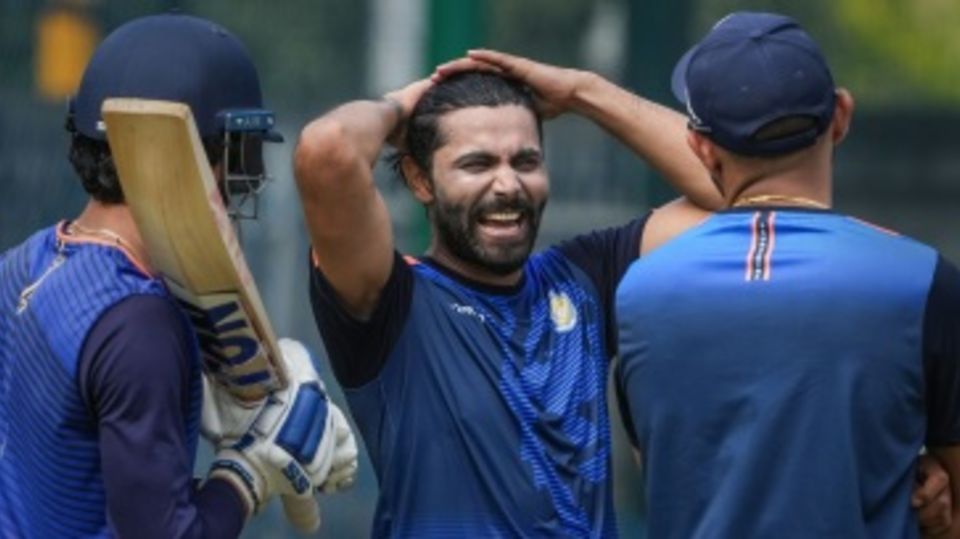 Ravindra Jadeja shares a light moment during Saurashtra's training session