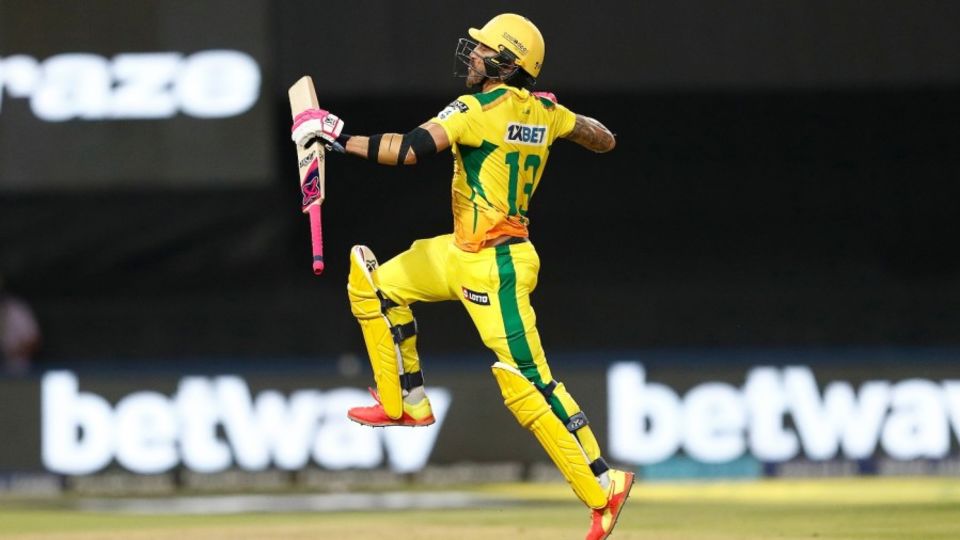 Faf du Plessis celebrates his century, the first at the SA20