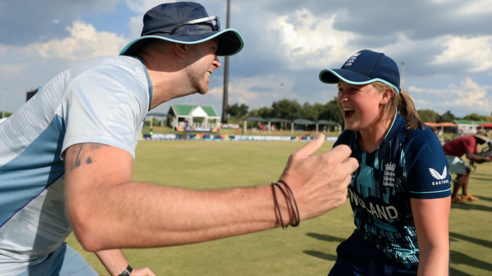 Chris Guest celebrates with Grace Scrivens after England's victory over Australia in last year's Under-19 World Cup semi-final