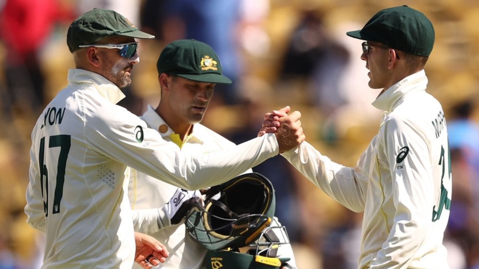 Nathan Lyon congratulates Todd Murphy on his seven-for in the Nagpur Test
