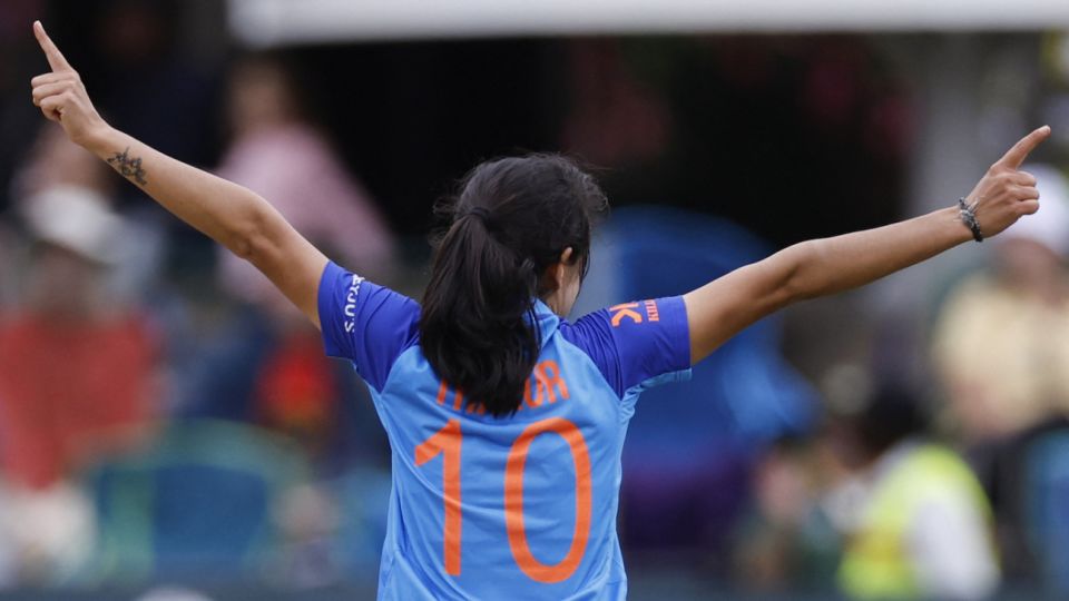 Renuka Singh celebrates after the dismissal of Katherine Sciver-Brunt