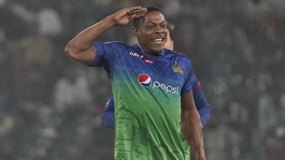 Sheldon Cottrell celebrates with his signature salute after a top-order wicket
