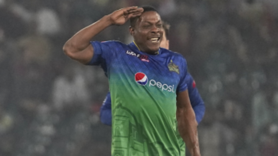 Sheldon Cottrell celebrates with his signature salute after a top order wicket