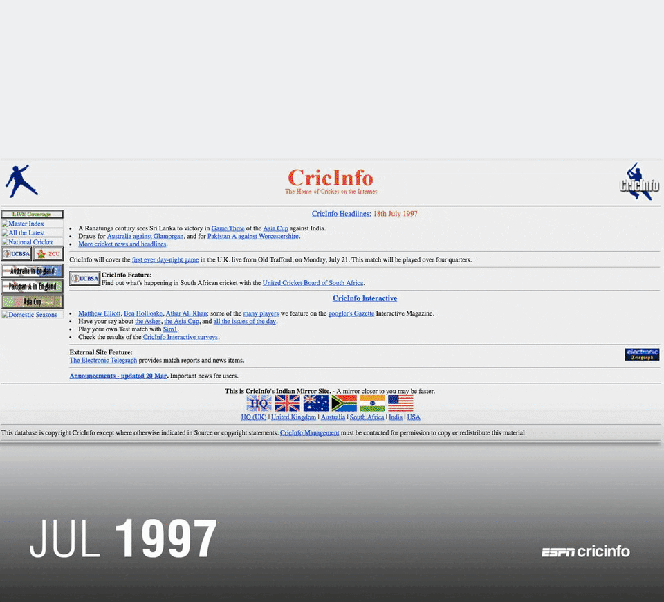 The ESPNcricinfo homepage down the years