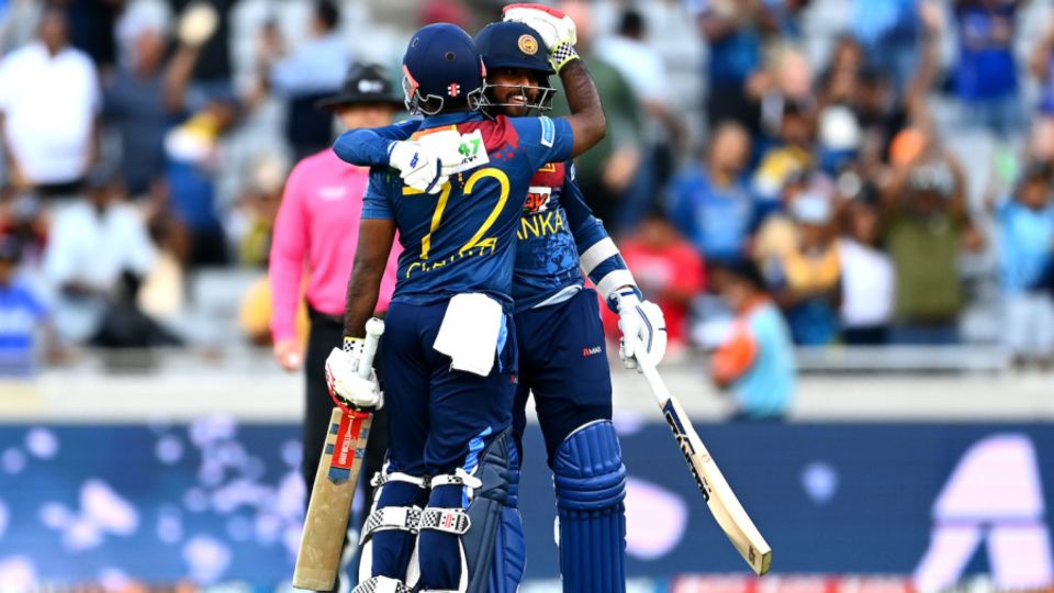 Charith Asalanka and Kusal Mendis celebrate after the Super Over