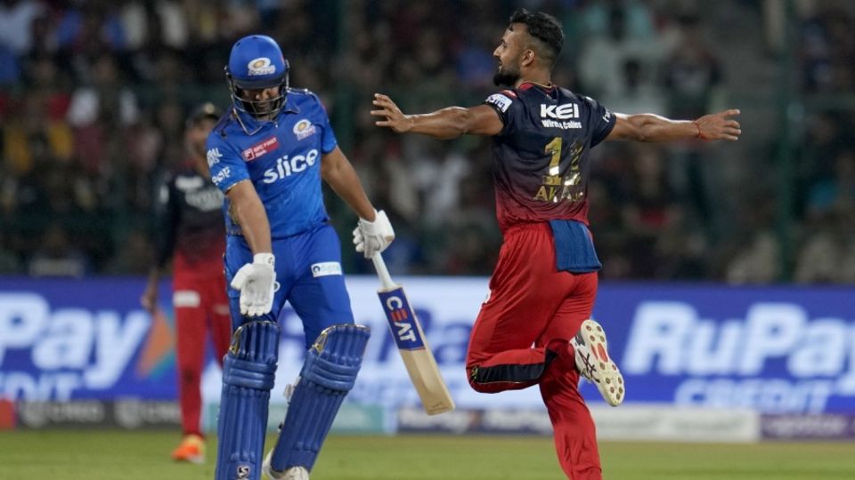 Akash Deep celebrates after getting the better of Rohit Sharma