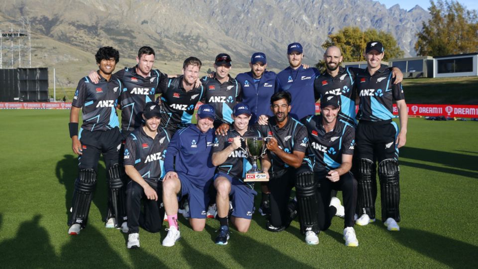 New Zealand pose with the trophy after completing a 2-1 series win