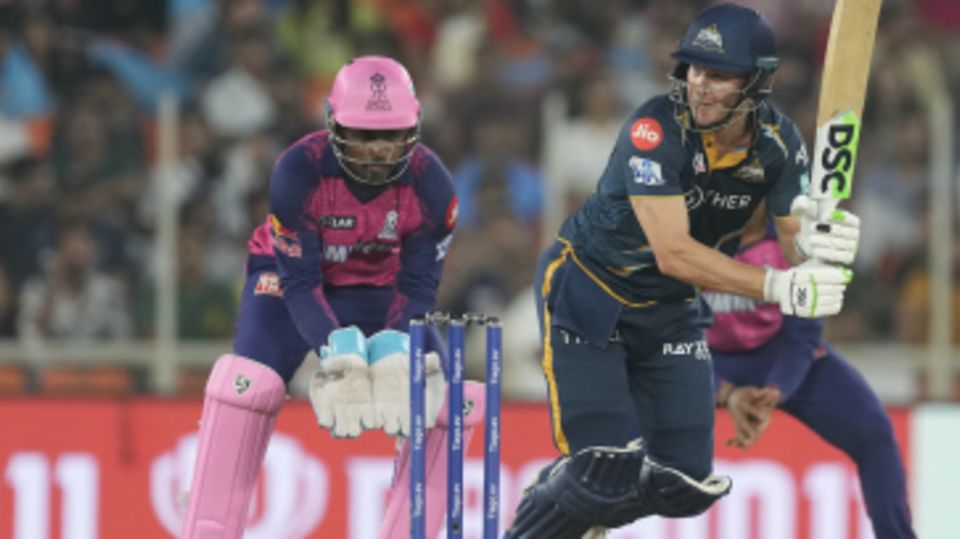 David Miller clips the ball with Sanju Samson behind the stumps