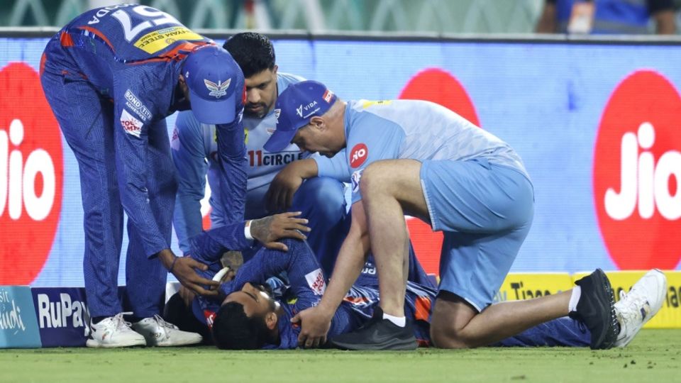 KL Rahul went down injured and then hobbled off the field