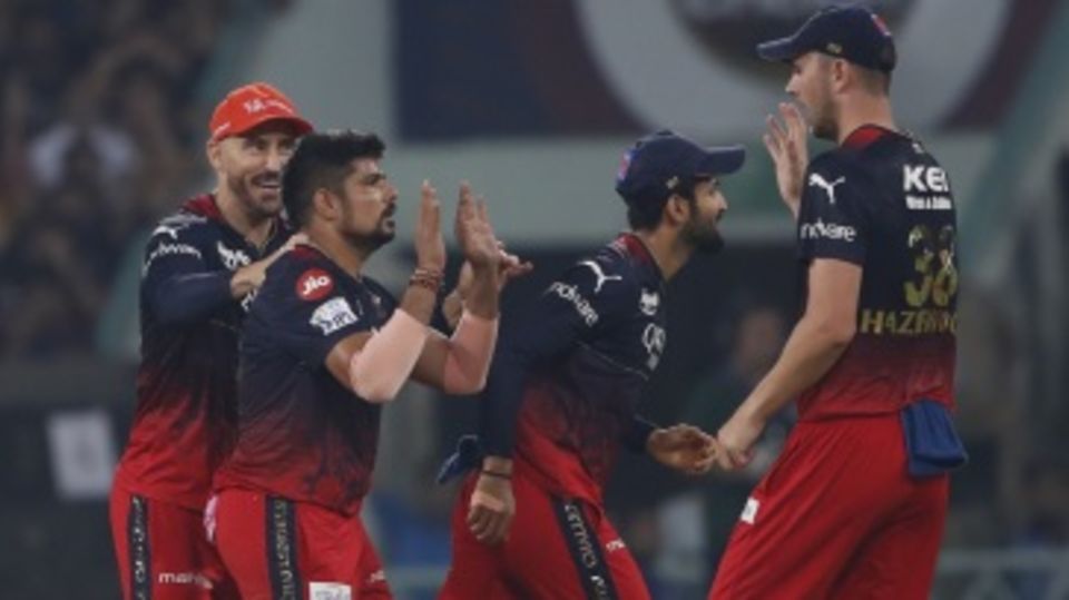 Karn Sharma celebrates after enticing Marcus Stoinis into a false stroke