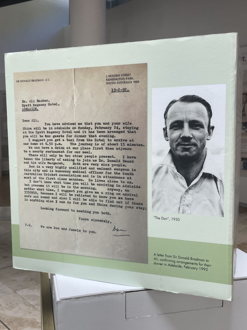On show at the exhibition: a letter from Don Bradman confirming a dinner invitation to Bacher and his wife at the Bradmans' home in Adelaide in 1992