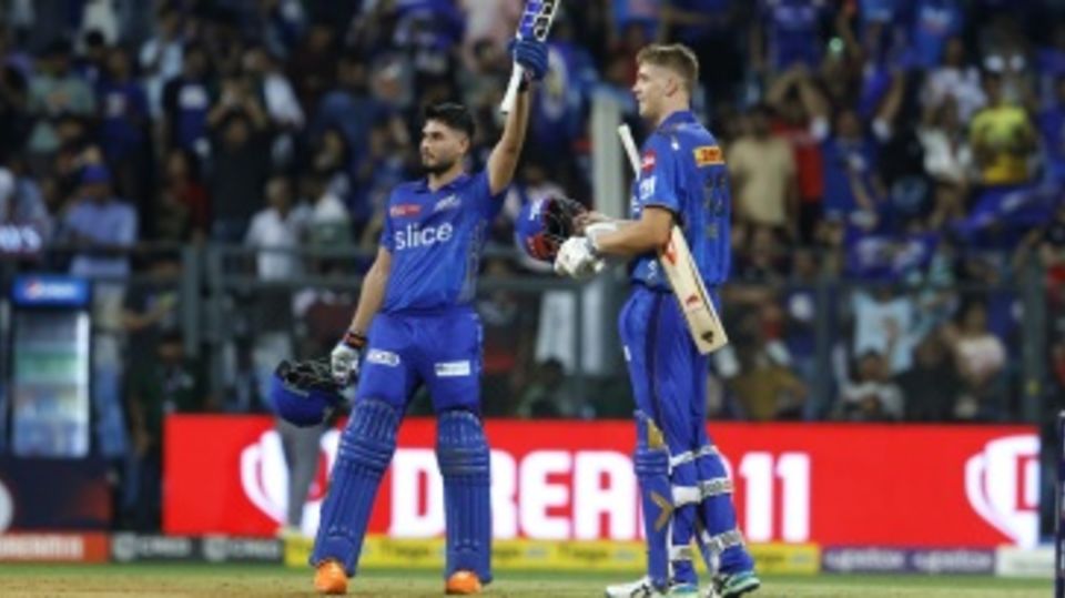 Nehal Wadhera celebrates after bringing up his fifty with the winning runs