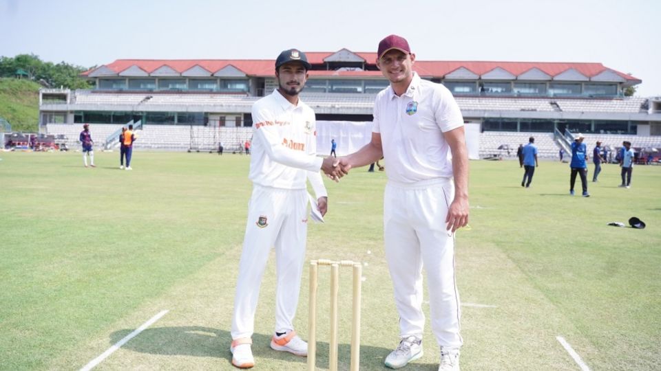 Joshua Da Silva, pictured here with Afif Hossain, is leading West Indies A in Bangladesh