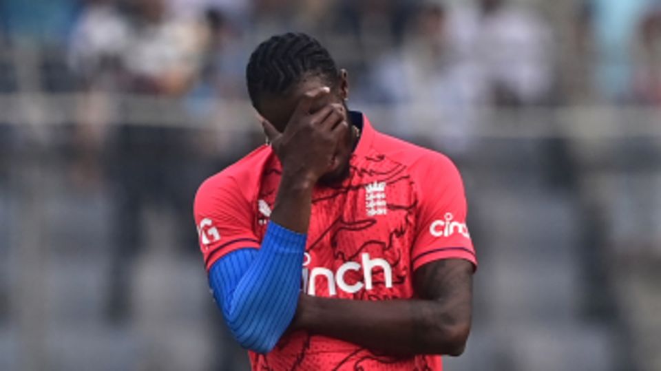 Jofra Archer reacts during the third and final T20I in Bangladesh